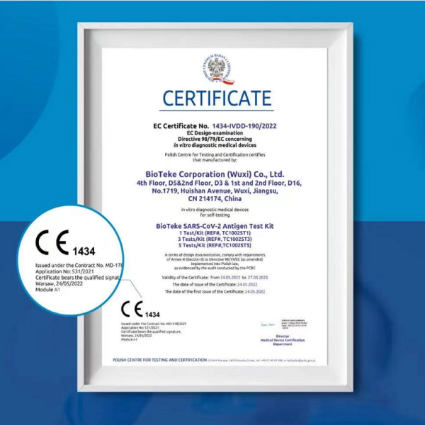 CE1434！El kit de prueba de antígeno Bioteke SARS-CoV-2 ha pasado la certificación CE