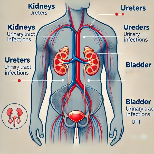 human urinary system with labels for kidneys, ureters, bladder, and urethra, highlighting areas where urinary tract infecti.jpg